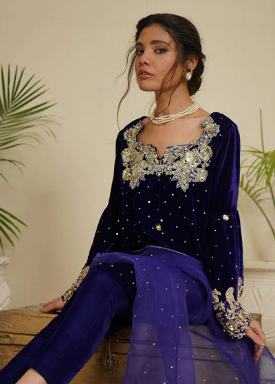 Maroon by Iqra Chaudhry Pret Embroidered Velvet Shirt Rich Blue