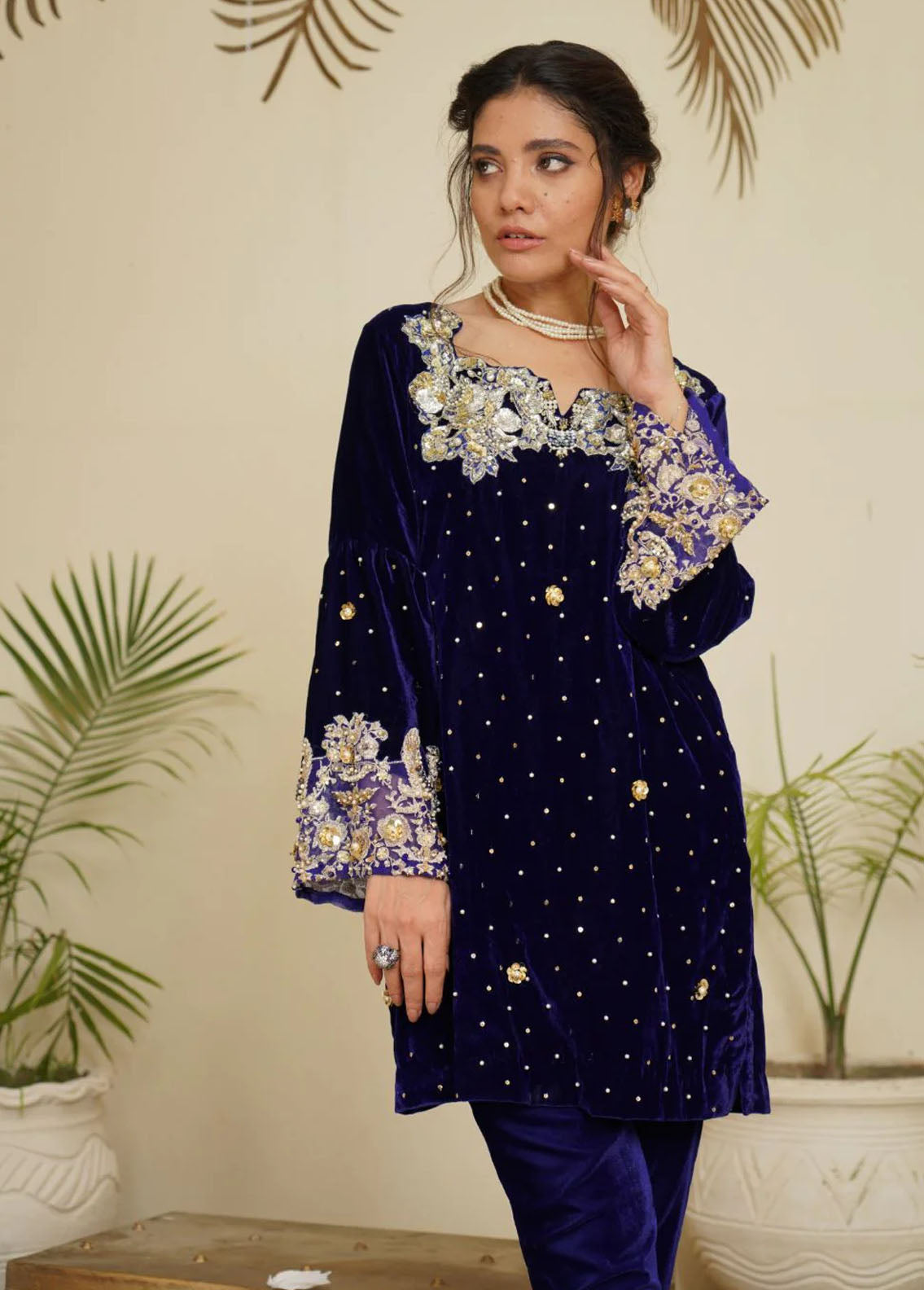Maroon by Iqra Chaudhry Pret Embroidered Velvet Shirt Rich Blue