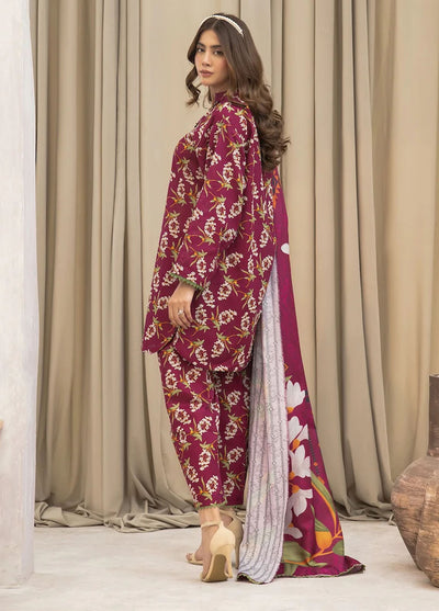 Meerak Pret Printed Khaddar 3 Piece Suit Crimson Bloom