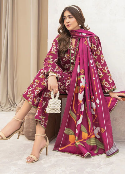 Meerak Pret Printed Khaddar 3 Piece Suit Crimson Bloom