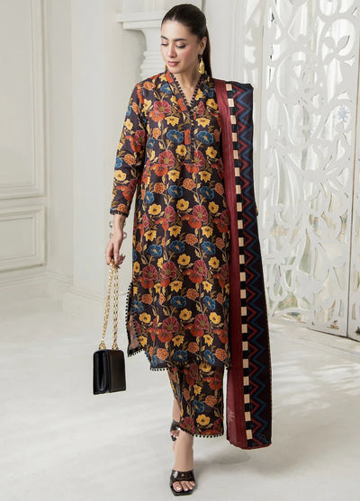 Meerak Pret Printed Khaddar 3 Piece Suit Ember Rose