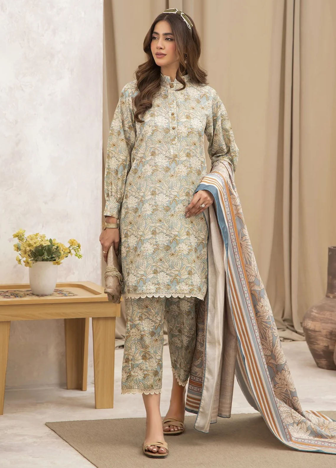 Meerak Pret Printed Khaddar 3 Piece Suit Frost Flower