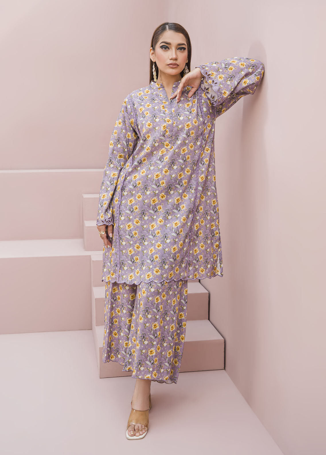 Meerak Pret Printed Raw Silk 2 Piece Suit Lilac