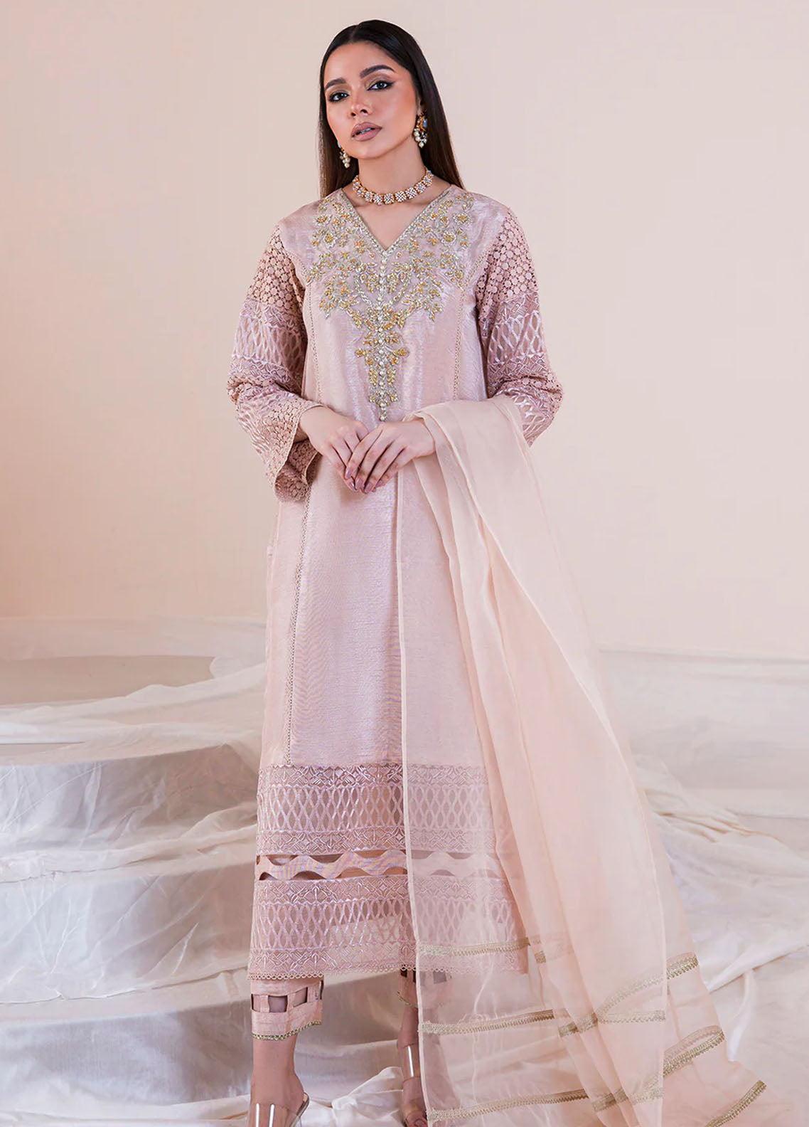 Mehak Yaqoob Pret Embroidered Raw Silk 3 Piece Suit Misty Rose