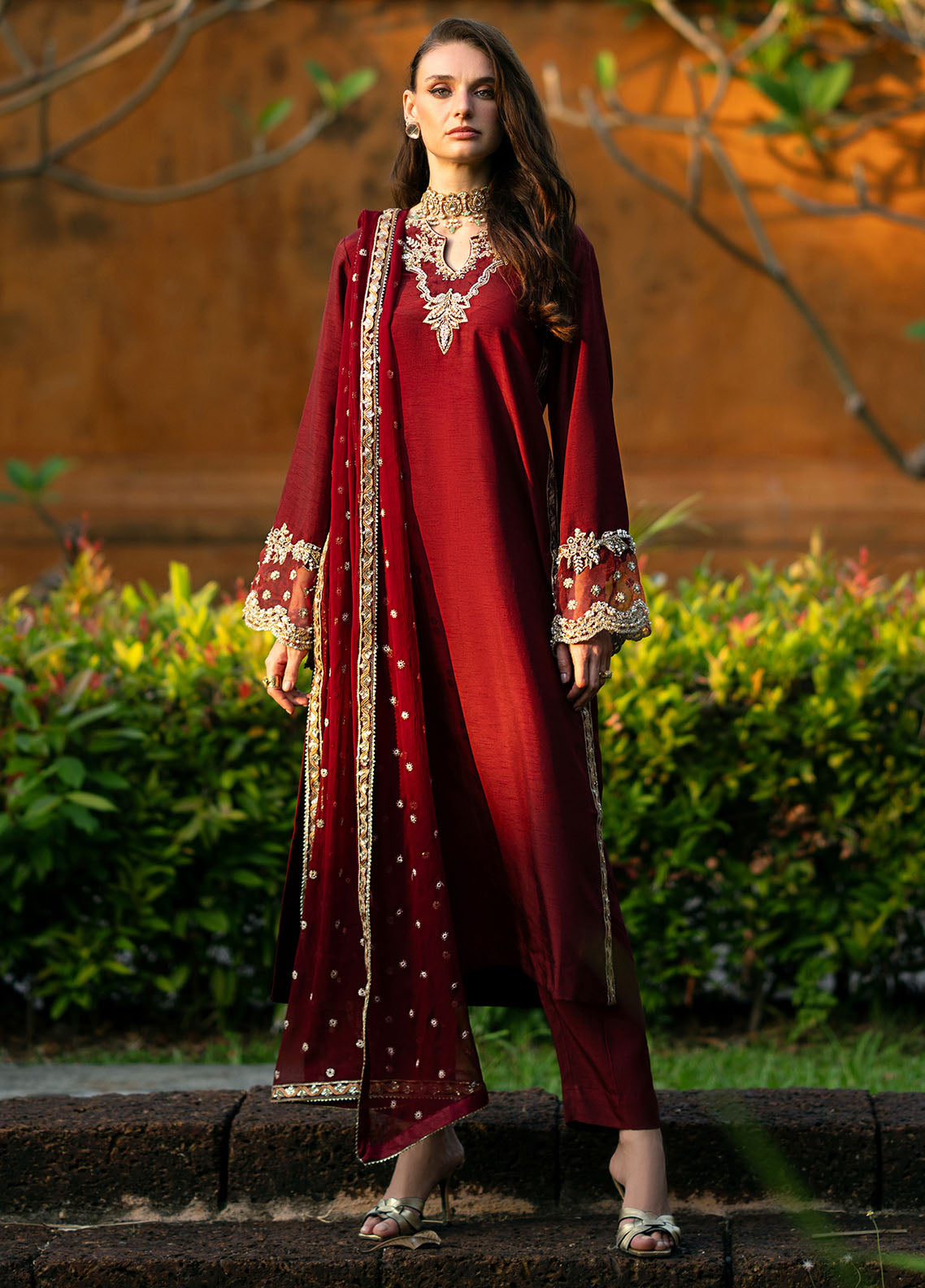 Mehak Yaqoob Pret Embroidered Raw Silk 3 Piece Suit Ruby