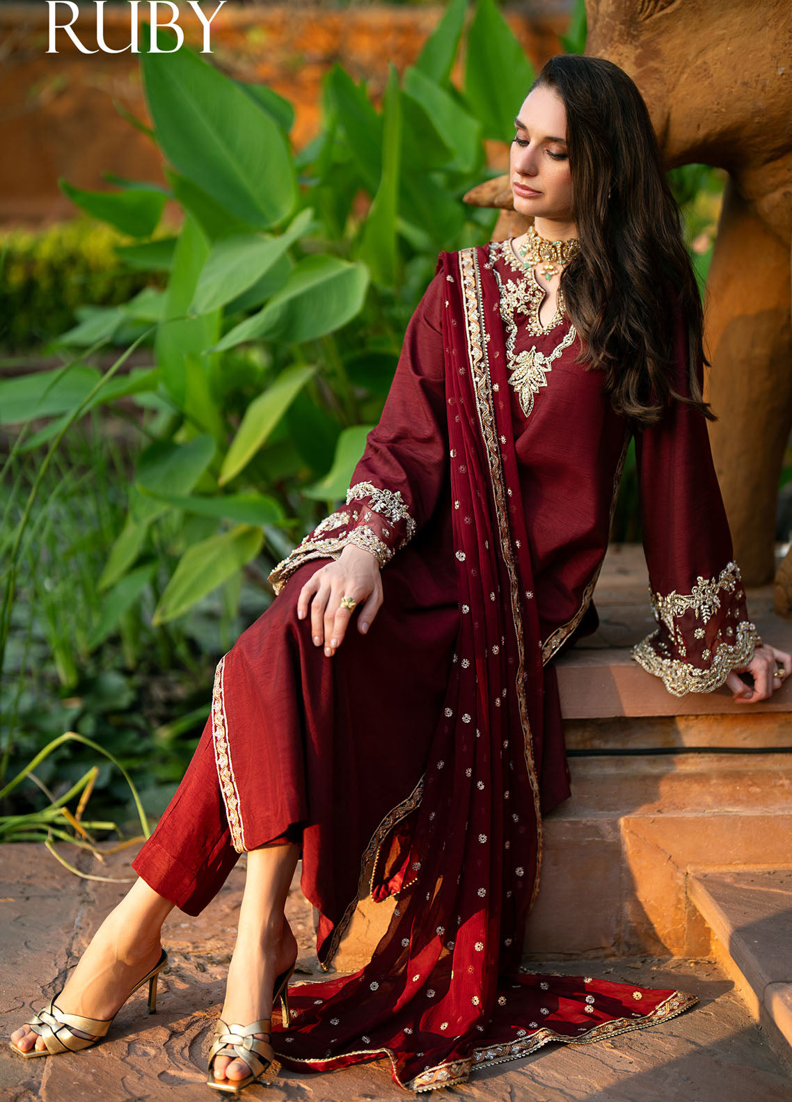 Mehak Yaqoob Pret Embroidered Raw Silk 3 Piece Suit Ruby