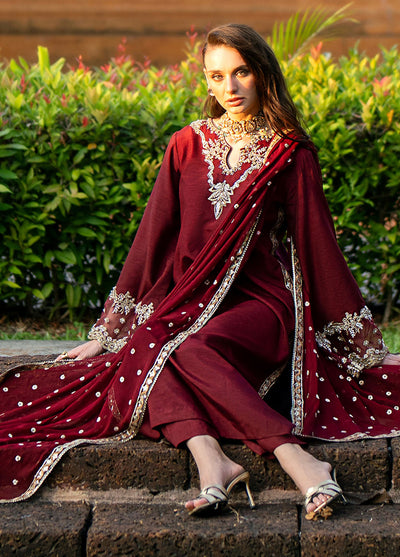 Mehak Yaqoob Pret Embroidered Raw Silk 3 Piece Suit Ruby