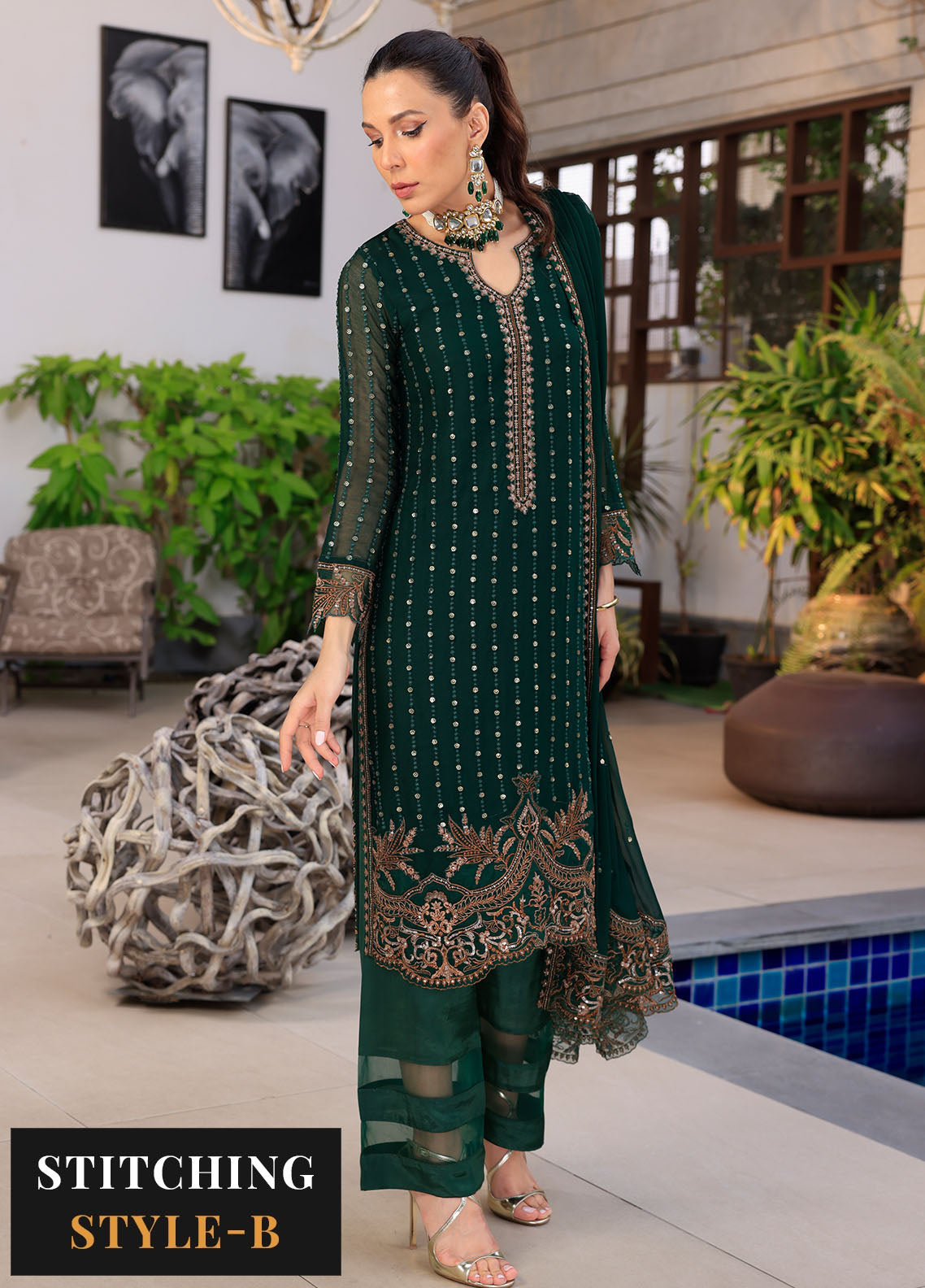 Merakish By Shahzeb Textiles Luxury Chiffon Collection 2024 Vol-12 Racing Green