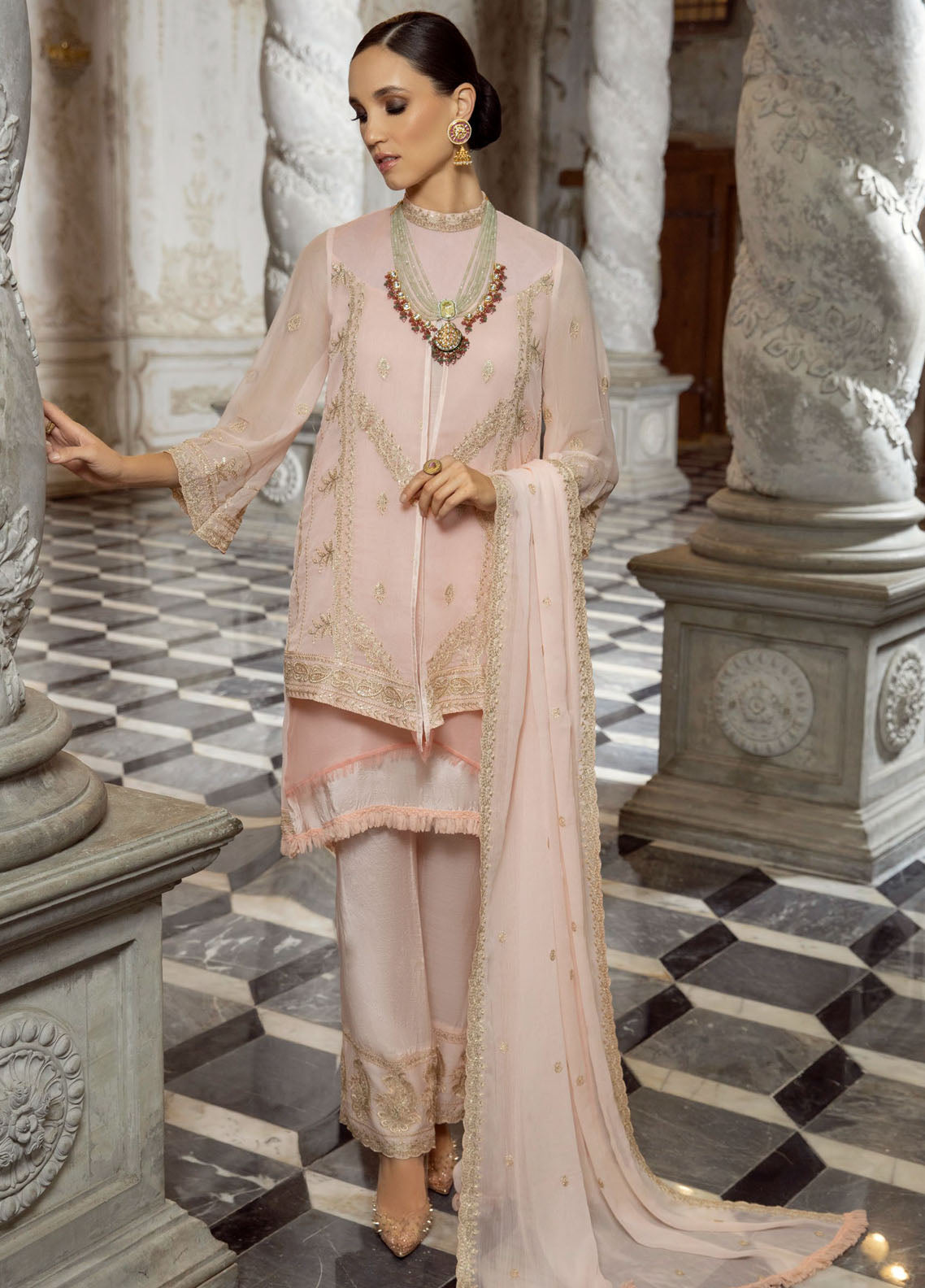 Merakish By Shahzeb Textiles Luxury Unstitched Chiffon Collection 2023 Candle Peach