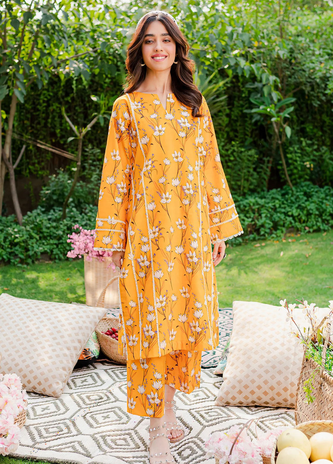 Naayas Pret Embroidered Lawn 2 Piece Suit NS23M Mango Tango