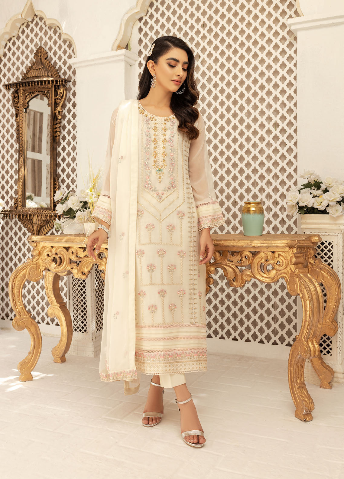 Shamooz Luxury Pret Chiffon 3 Piece Suit Ivory Bound SEM-0425