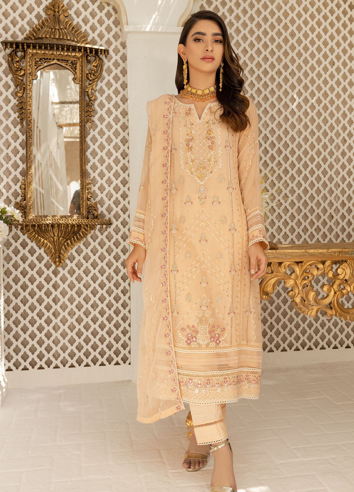 Shamooz Luxury Pret Chiffon 3 Piece Suit Mist Peach SEM-0412