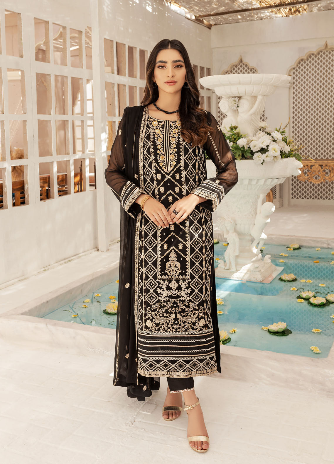 Shamooz Luxury Pret Chiffon 3 Piece Suit Olive Black SEM-0420