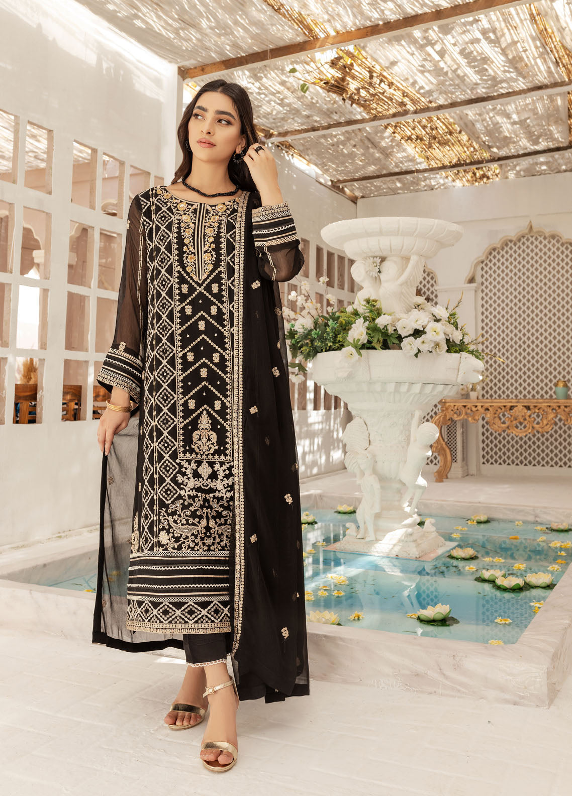 Shamooz Luxury Pret Chiffon 3 Piece Suit Olive Black SEM-0420