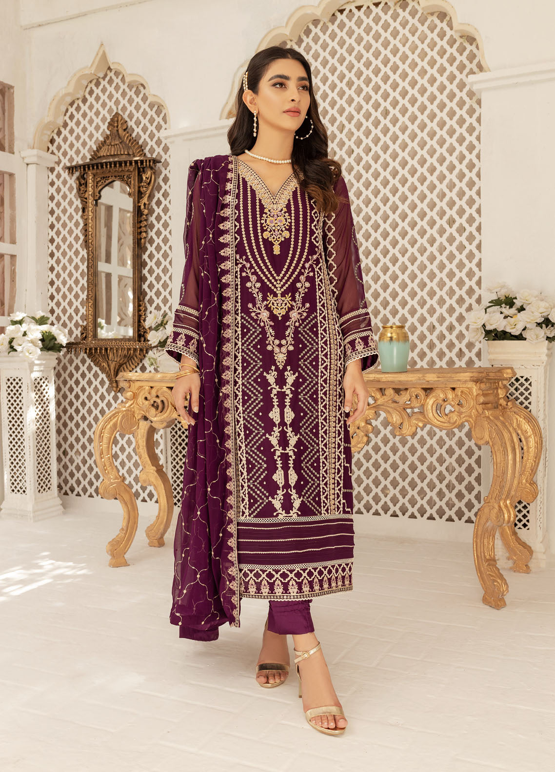 Shamooz Luxury Pret Chiffon 3 Piece Suit Plum SEM-0429