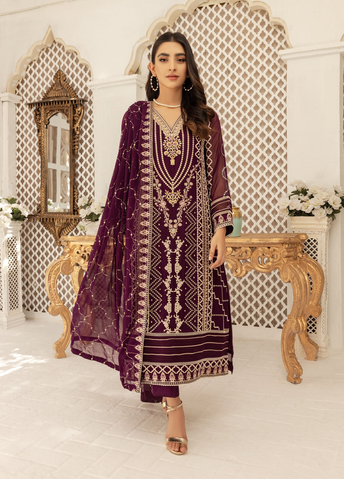 Shamooz Luxury Pret Chiffon 3 Piece Suit Plum SEM-0429