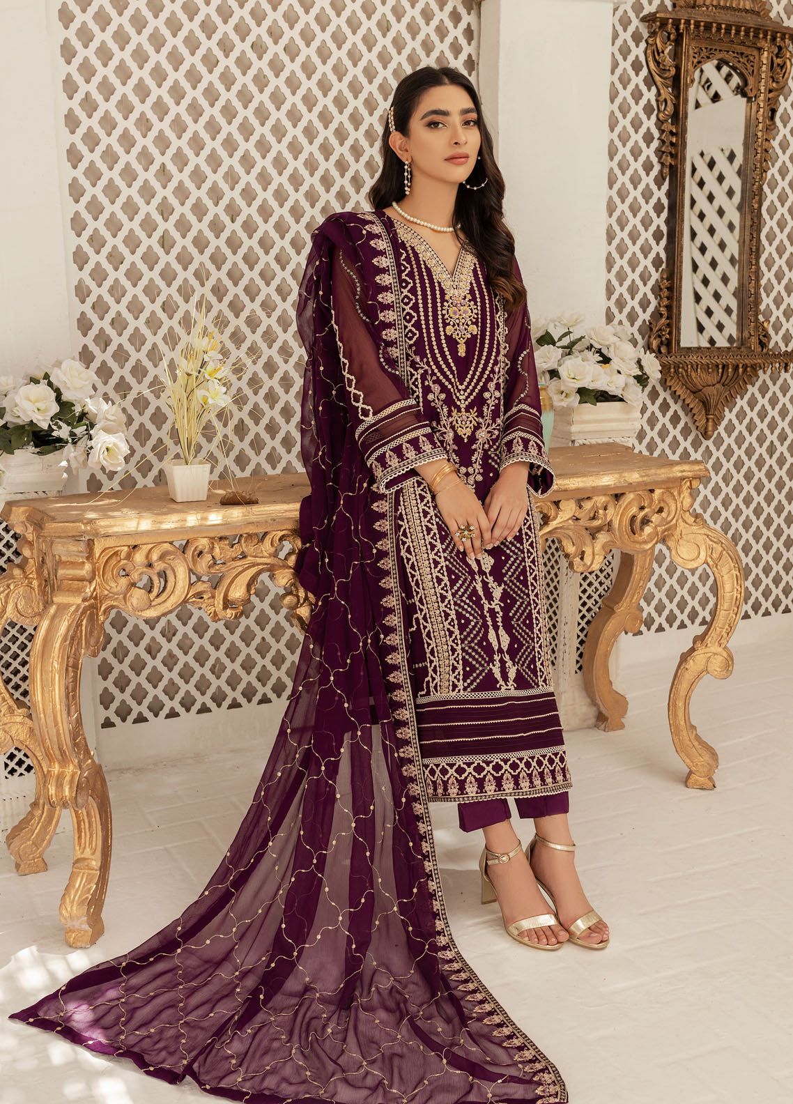 Shamooz Luxury Pret Chiffon 3 Piece Suit Plum SEM-0429