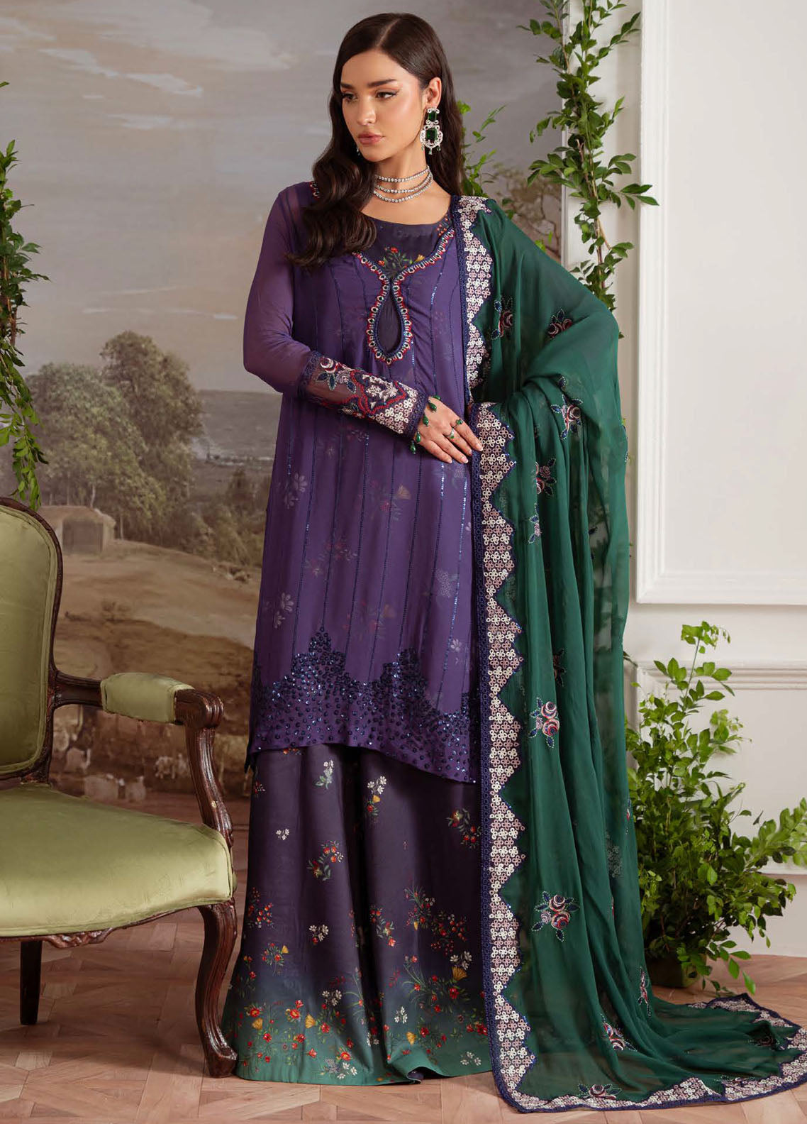 Nureh Embroidered Chiffon Suits Unstitched 4 Piece Suit NU25AU AM-29