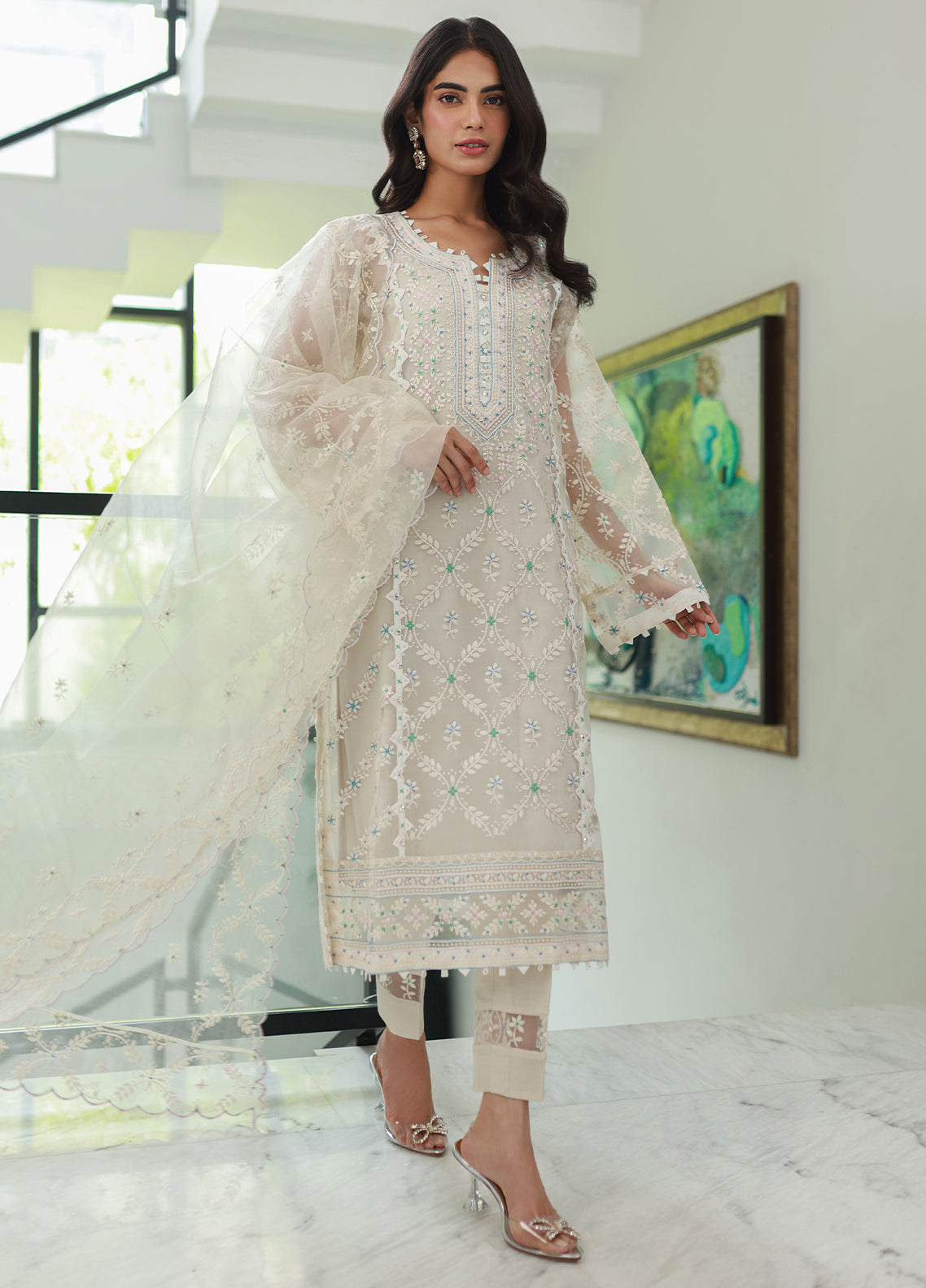 Nadia Khan Pret Embroidered Pure Organza 3 Piece Ivory White