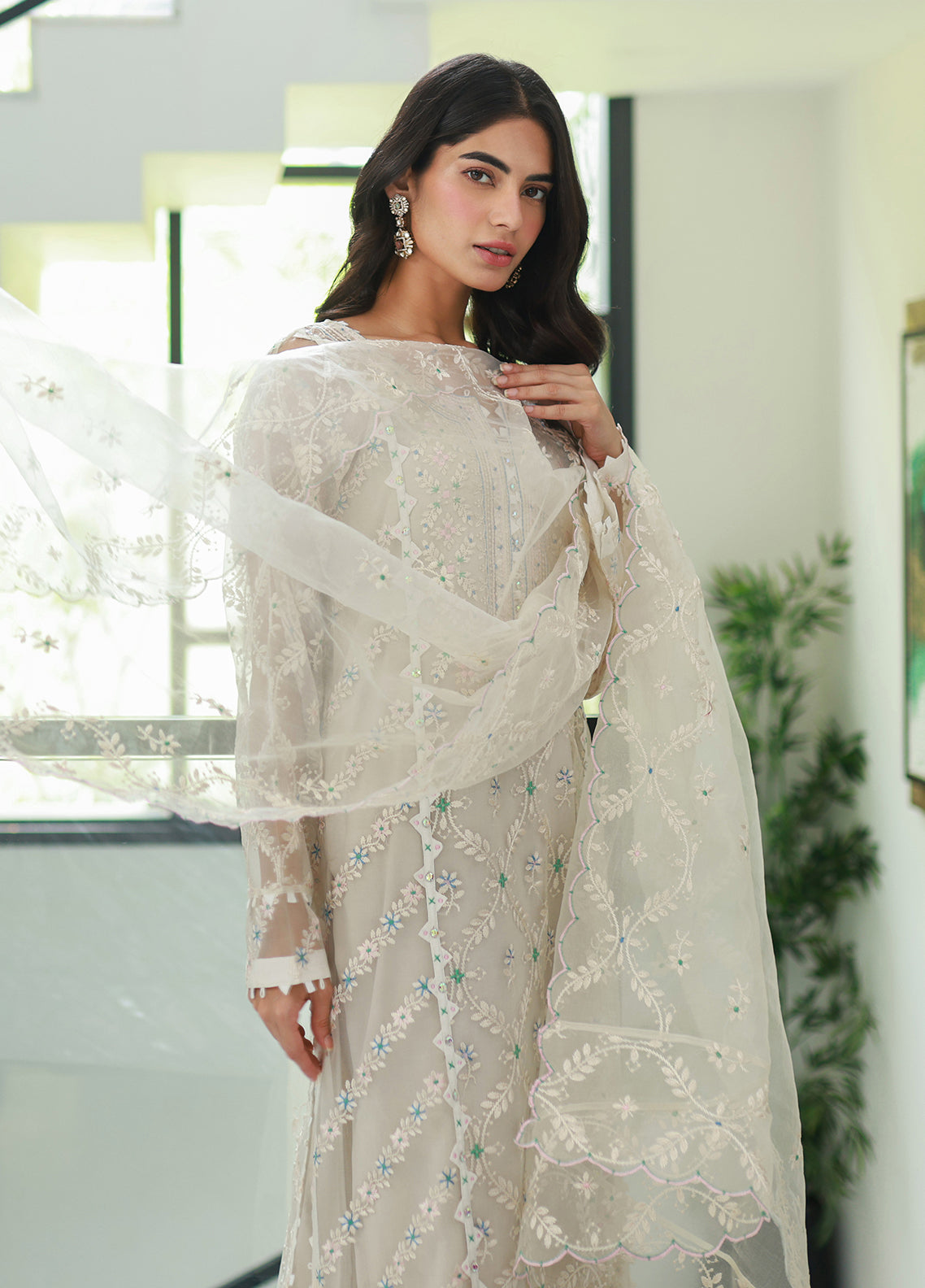 Nadia Khan Pret Embroidered Pure Organza 3 Piece Ivory White