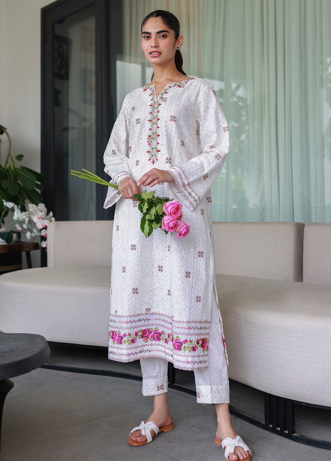 Nadia Khan Pret Embroidered Raw Silk 2 Piece Rose White