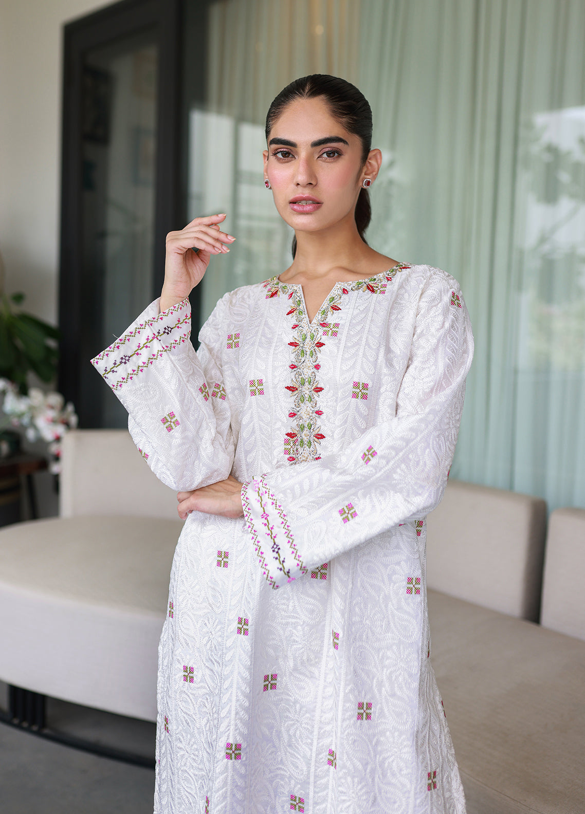 Nadia Khan Pret Embroidered Raw Silk 2 Piece Rose White