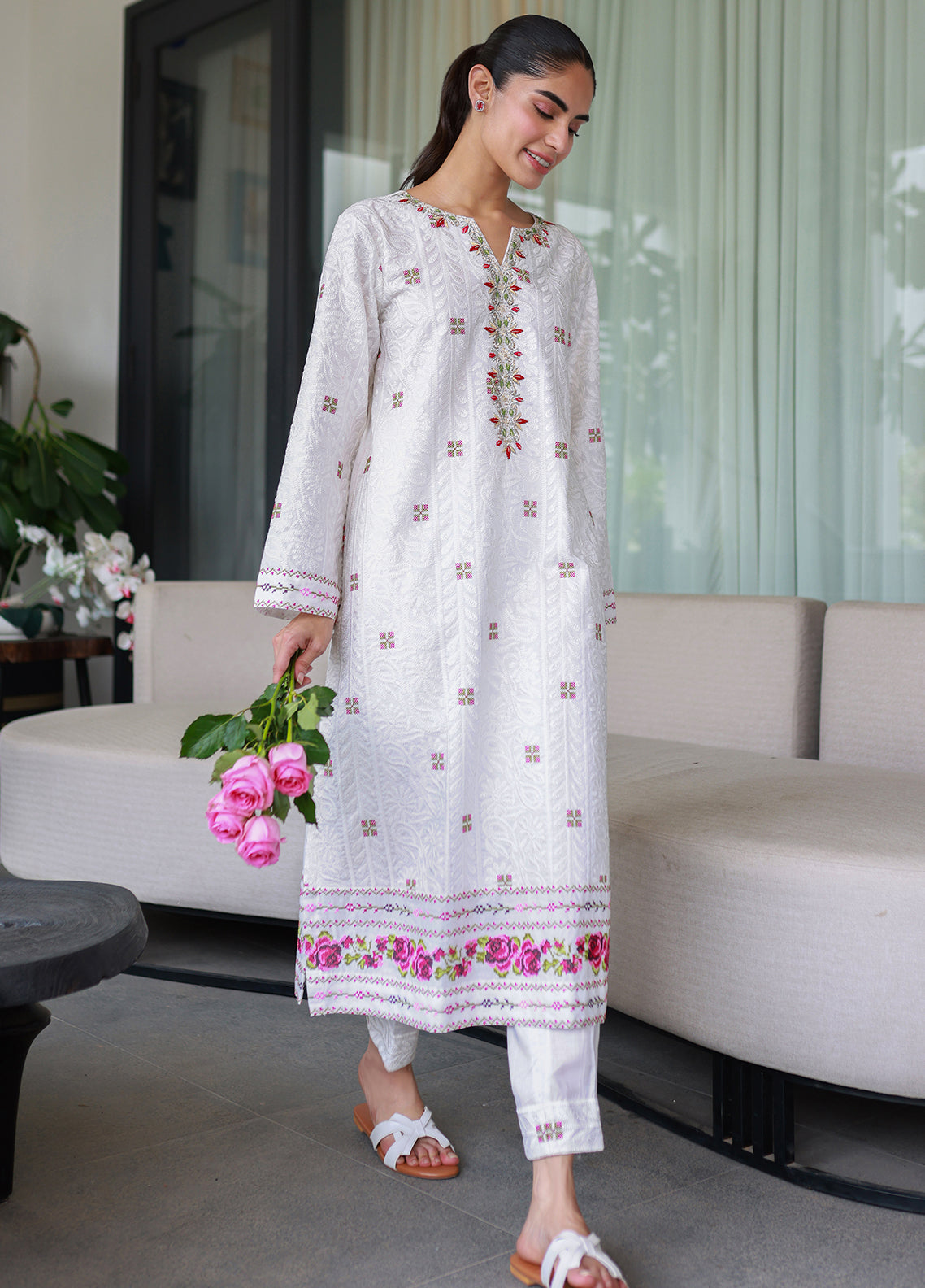 Nadia Khan Pret Embroidered Raw Silk 2 Piece Rose White