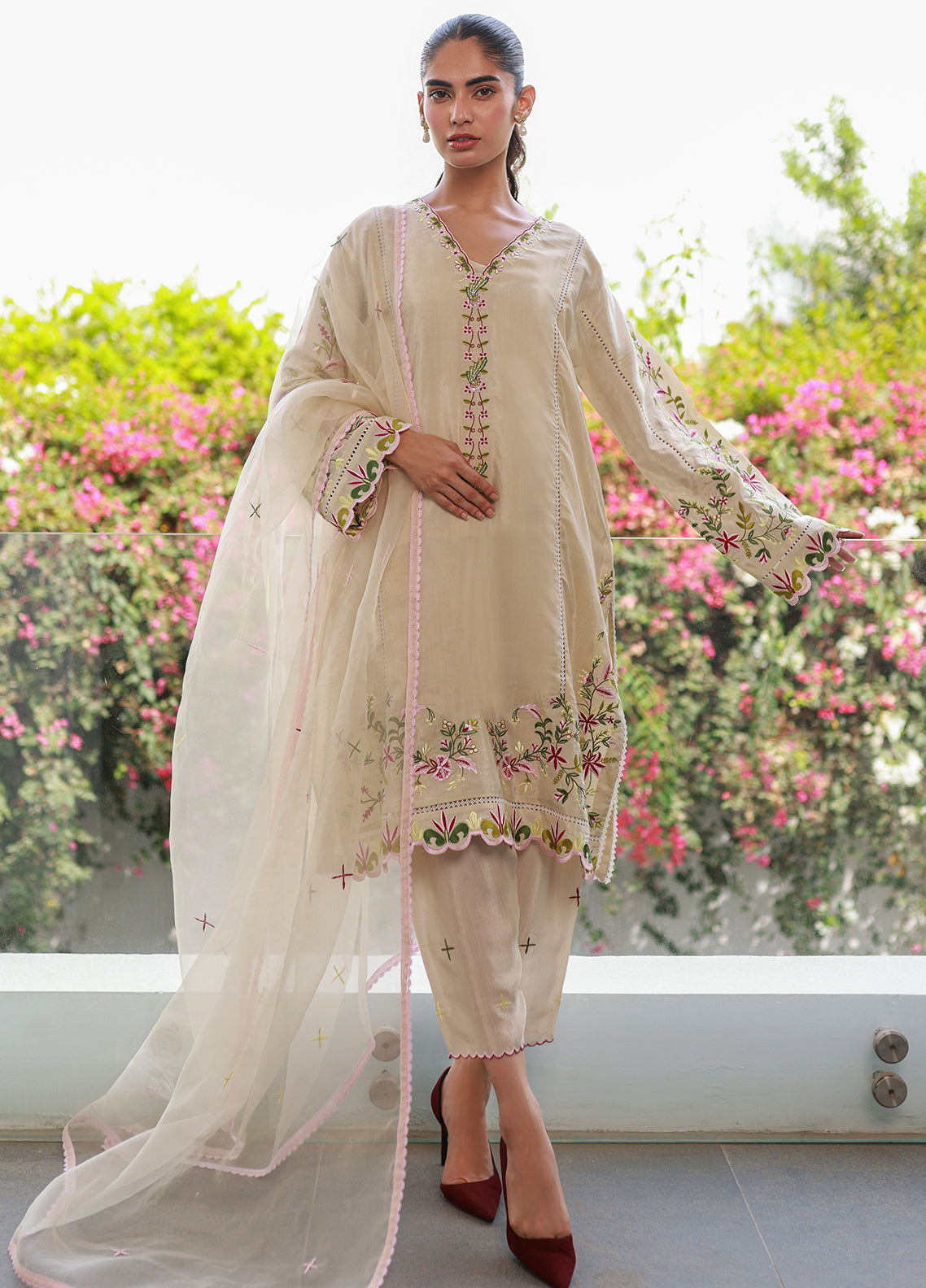 Nadia Khan Pret Embroidered Raw Silk 3 Piece Bisque