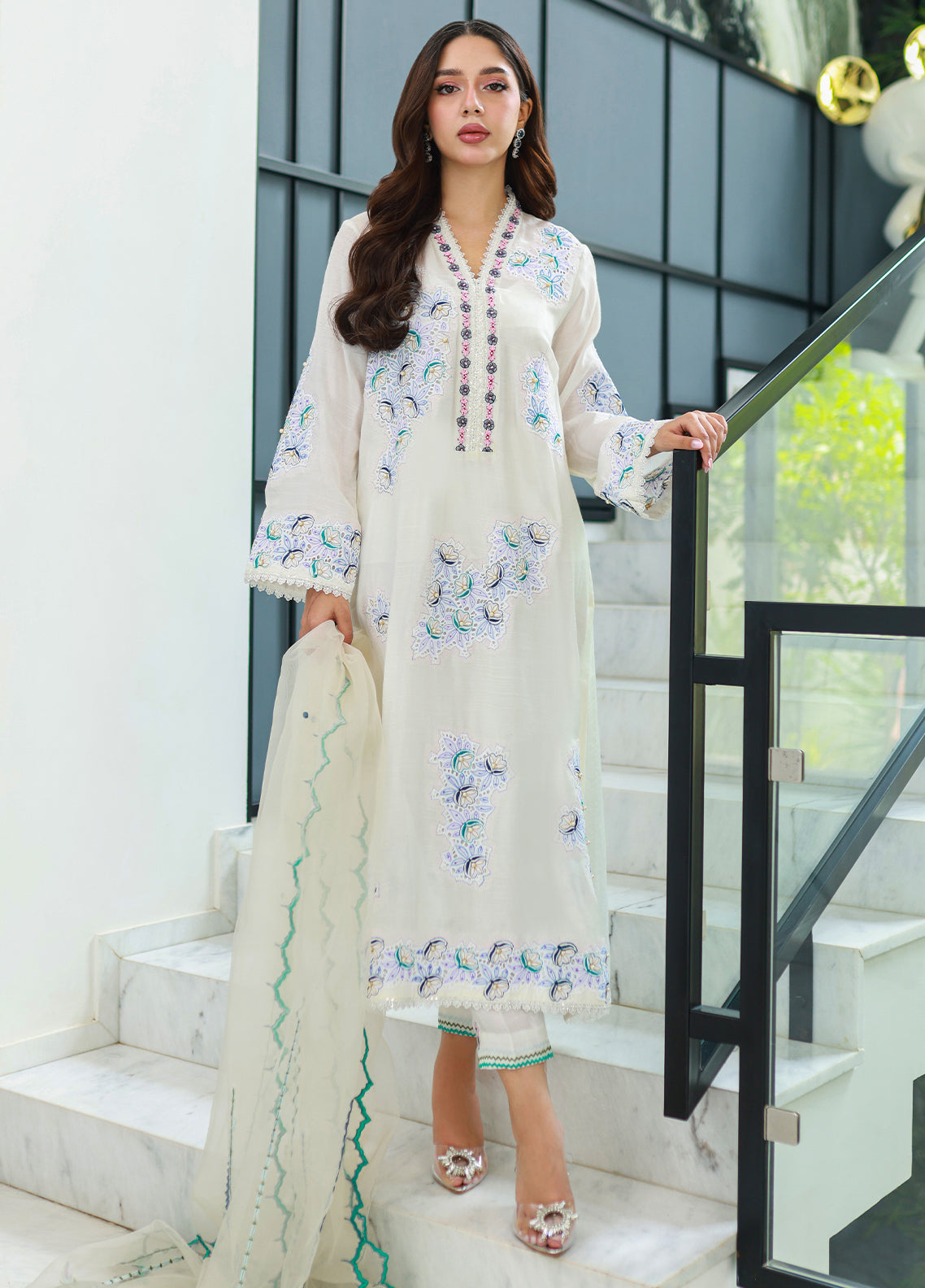 Nadia Khan Pret Embroidered Raw Silk 3 Piece Dove White