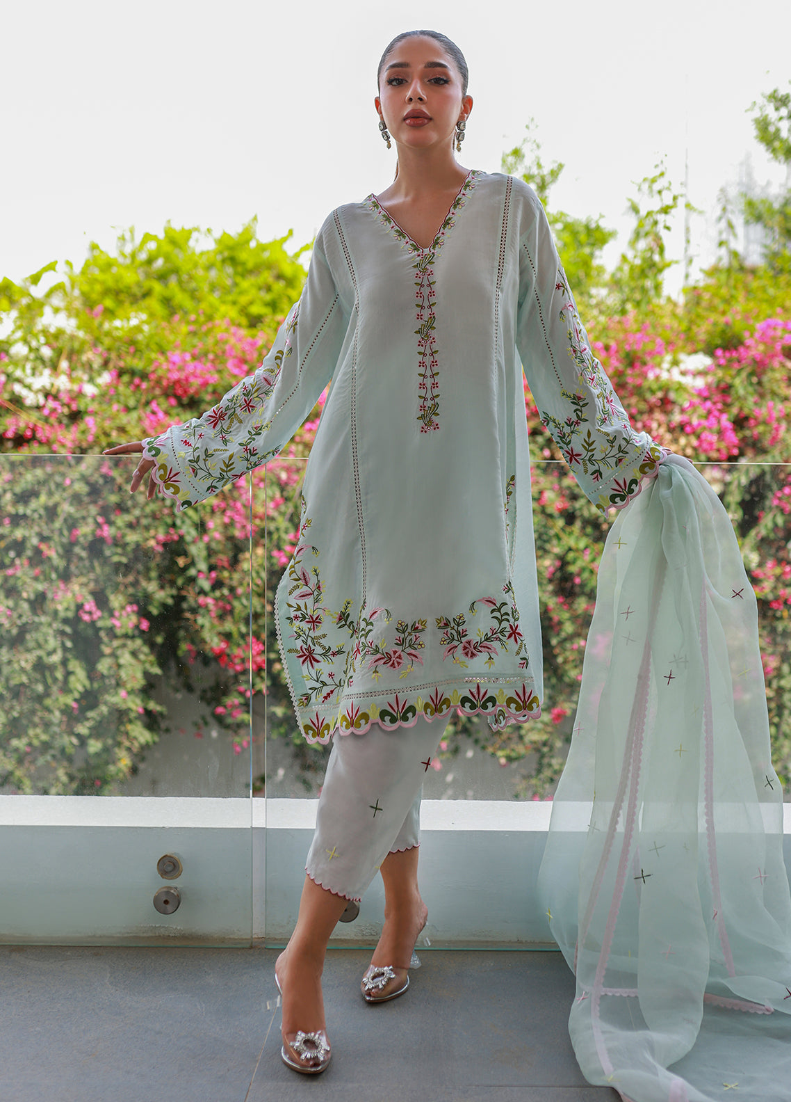 Nadia Khan Pret Embroidered Raw Silk 3 Piece Ice Blue