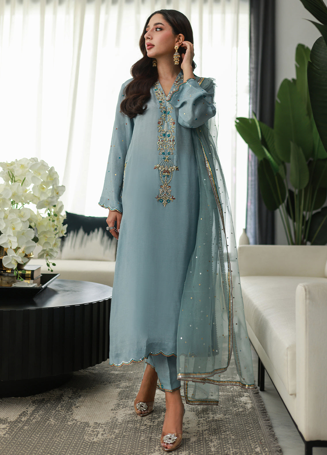 Nadia Khan Pret Embroidered Raw Silk 3 Piece Light Slate Gray