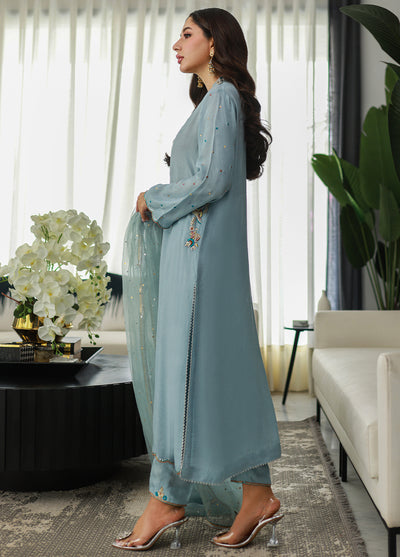 Nadia Khan Pret Embroidered Raw Silk 3 Piece Light Slate Gray