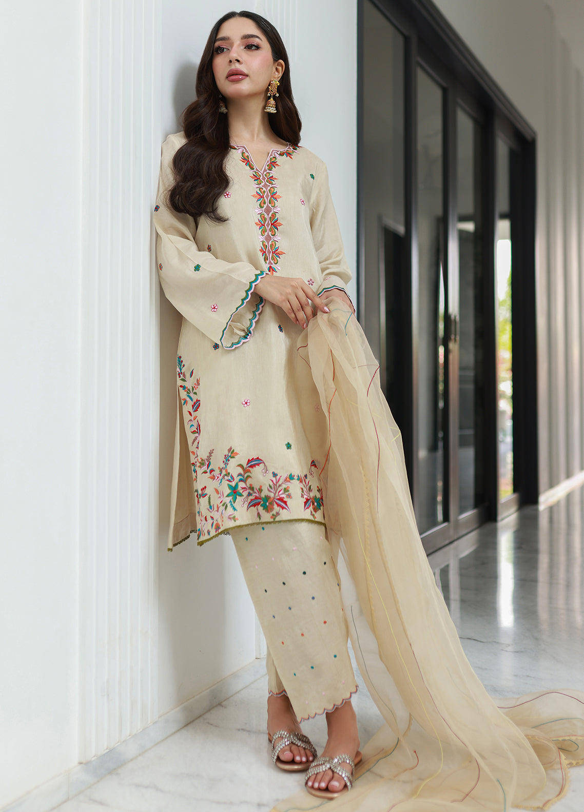 Nadia Khan Pret Embroidered Raw Silk 3 Piece Pastel Cream