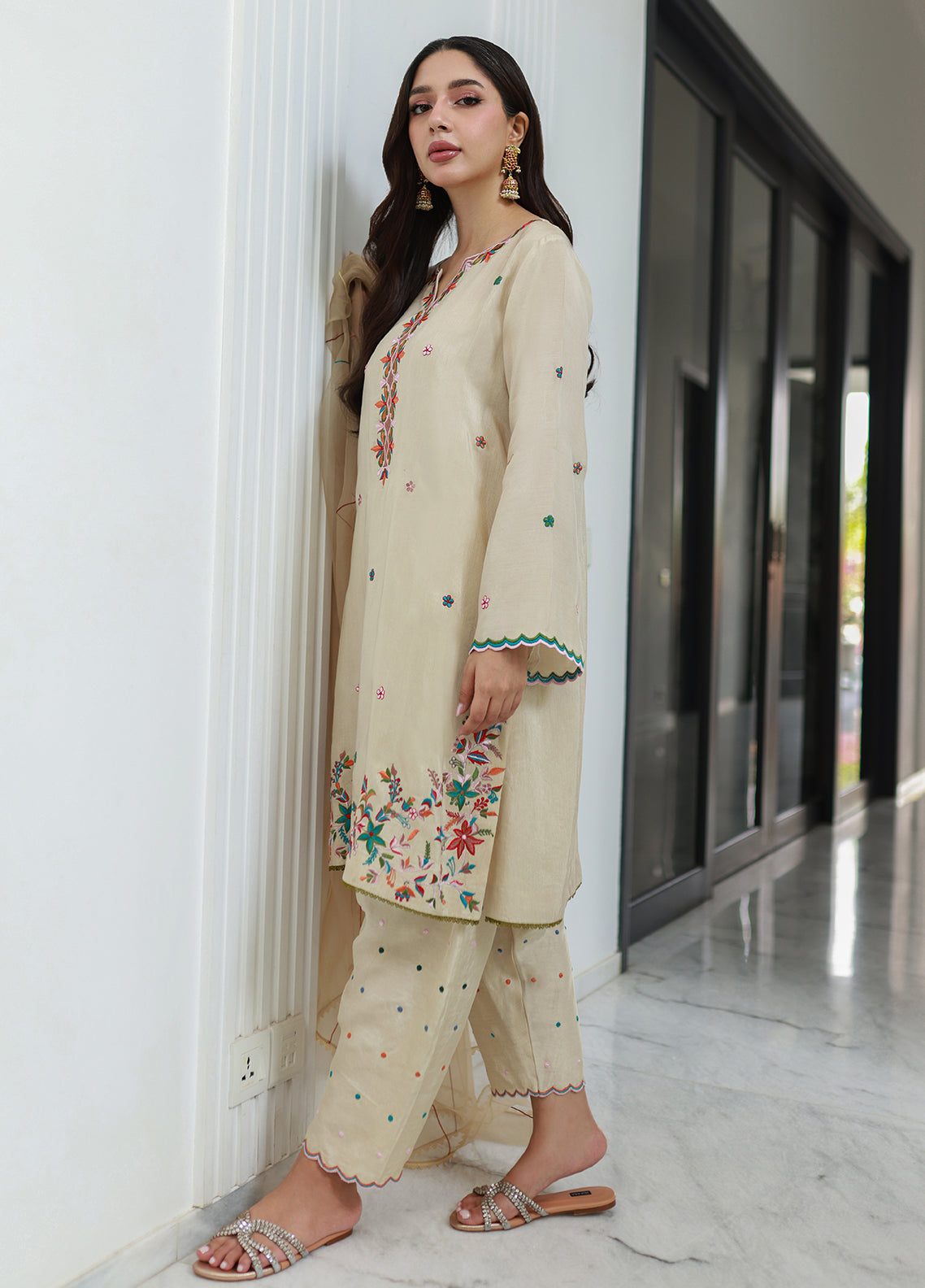 Nadia Khan Pret Embroidered Raw Silk 3 Piece Pastel Cream