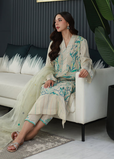 Nadia Khan Pret Embroidered Raw Silk 3 Piece Seashell White