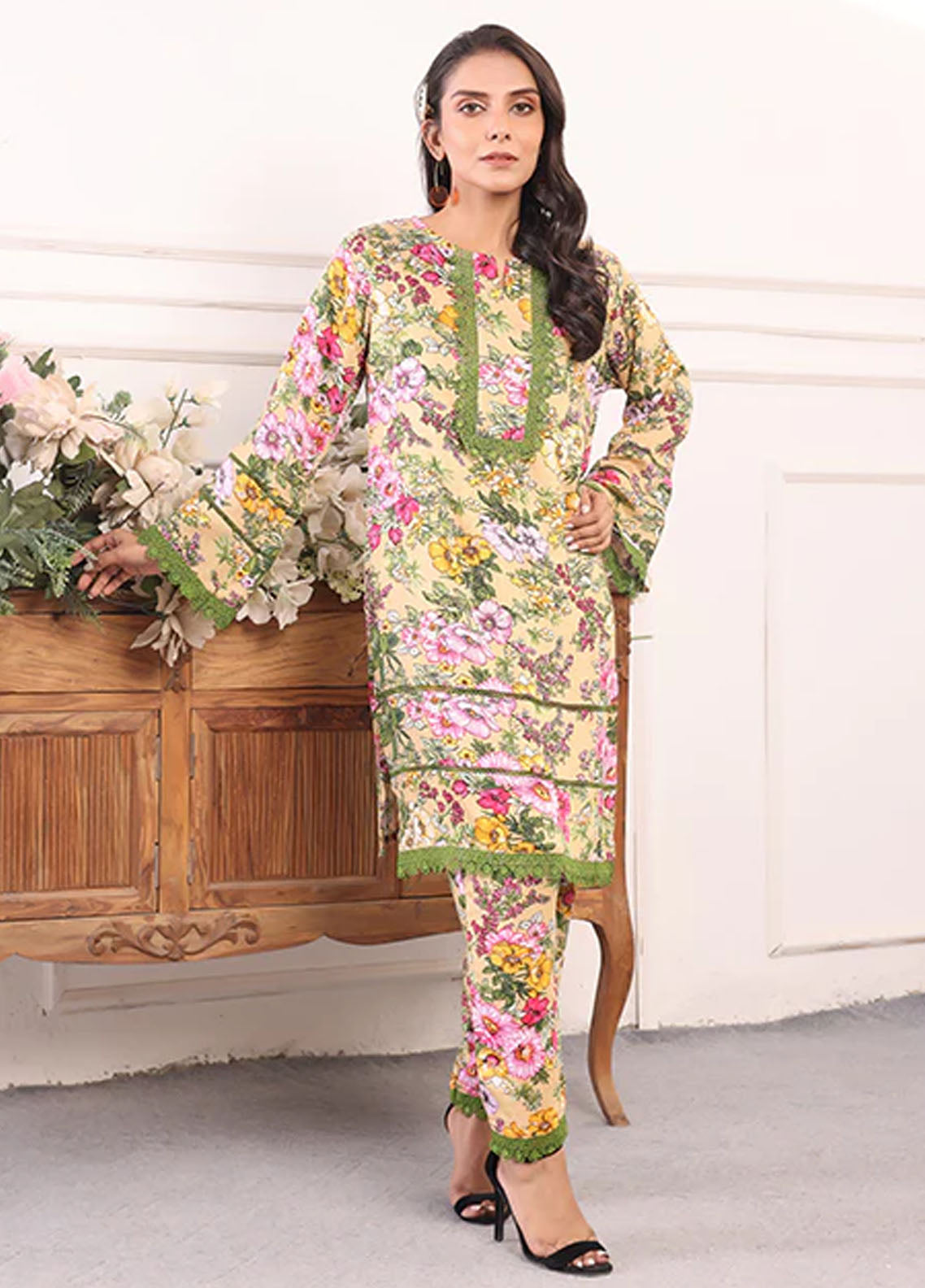 Nazmina Pret Printed Boski 2 Piece Suit KP-316 Lime green shine