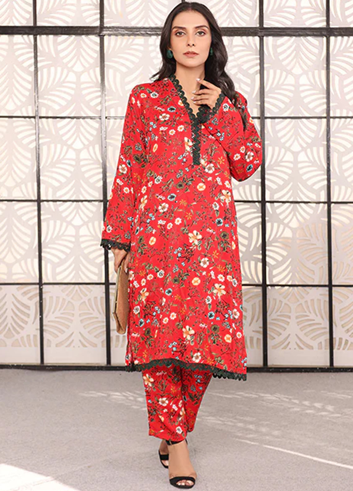 Nazmina Pret Printed Boski 2 Piece Suit KP-318 Bold red