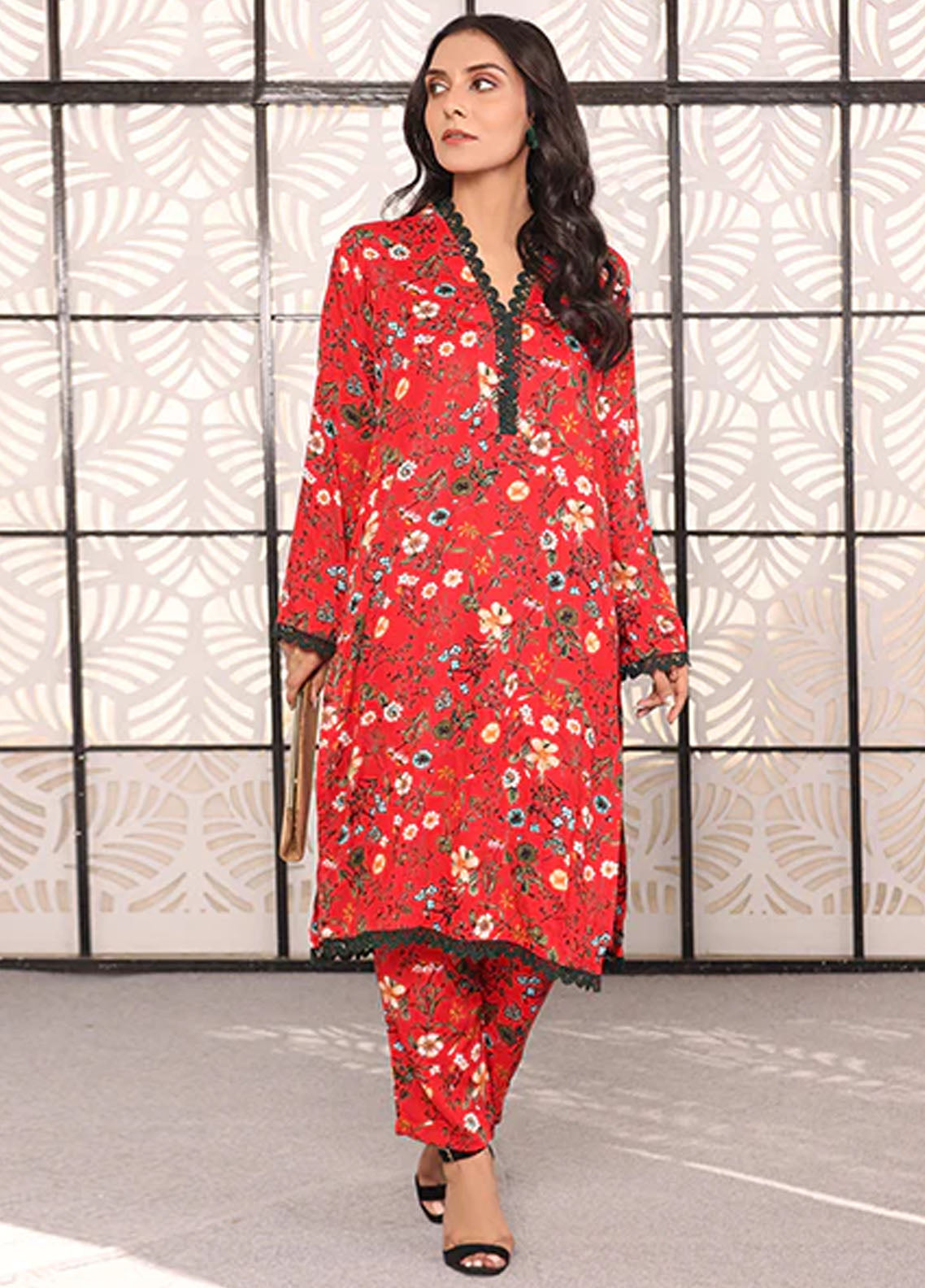 Nazmina Pret Printed Boski 2 Piece Suit KP-318 Bold red