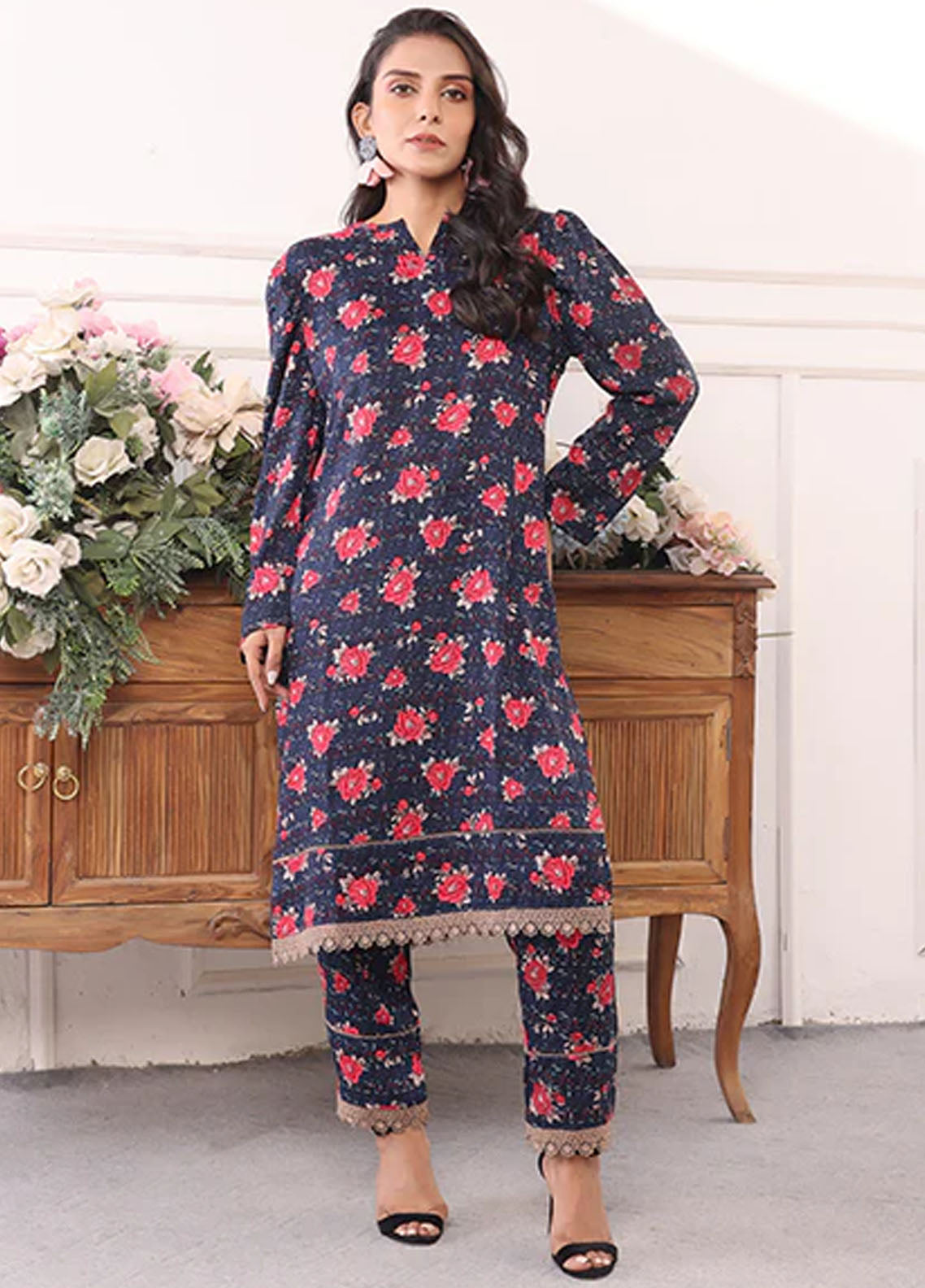 Nazmina Pret Printed Boski 2 Piece Suit KP-320 Coal rose