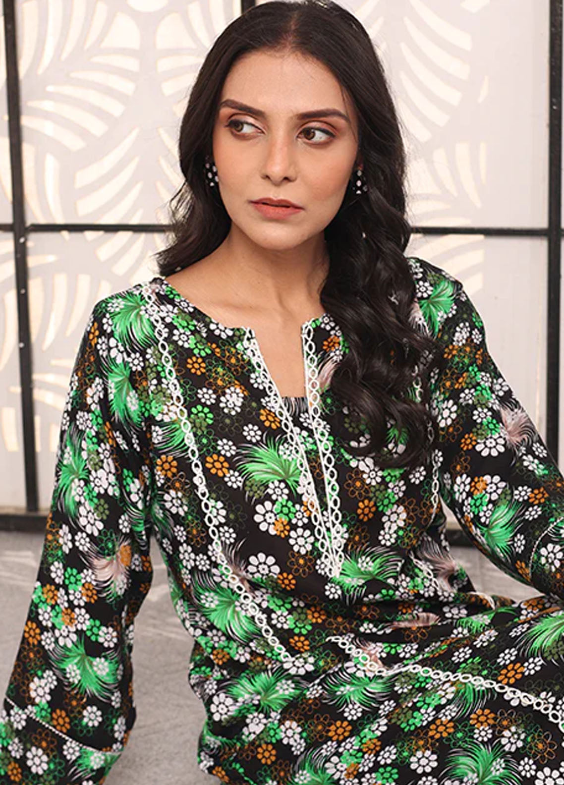 Nazmina Pret Printed Boski 2 Piece Suit KP-325 Green bird