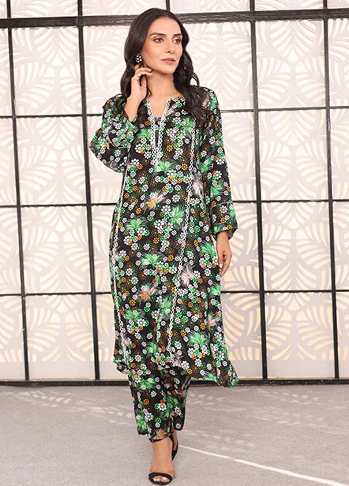 Nazmina Pret Printed Boski 2 Piece Suit KP-325 Green bird