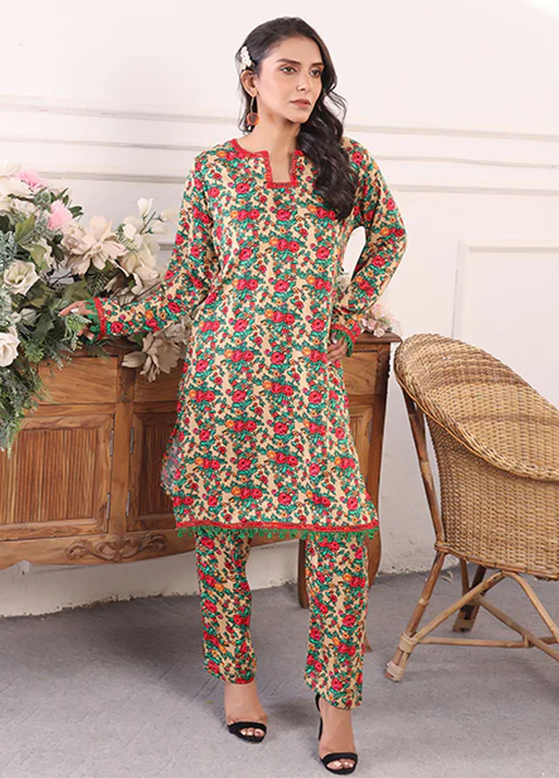 Nazmina Pret Printed Boski 2 Piece Suit KP-326 Cerise shirt pant