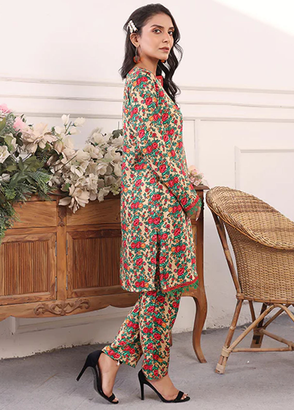 Nazmina Pret Printed Boski 2 Piece Suit KP-326 Cerise shirt pant