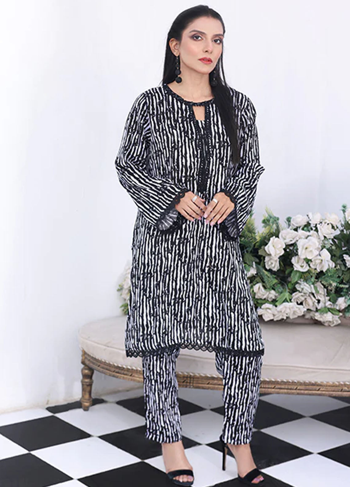 Nazmina Pret Printed Boski 2 Piece Suit KP-329 Grey scale dress