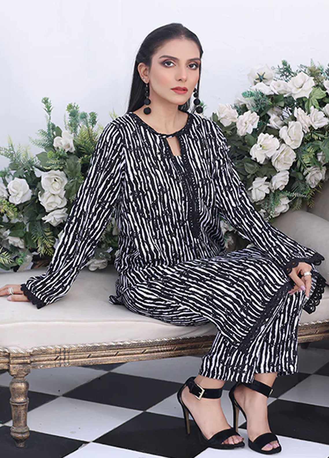 Nazmina Pret Printed Boski 2 Piece Suit KP-329 Grey scale dress