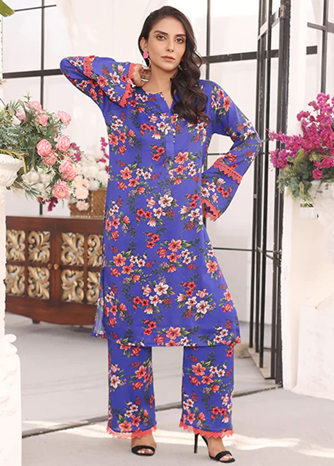 Nazmina Pret Printed Boski 2 Piece Suit Kp-317 Deep blue fire