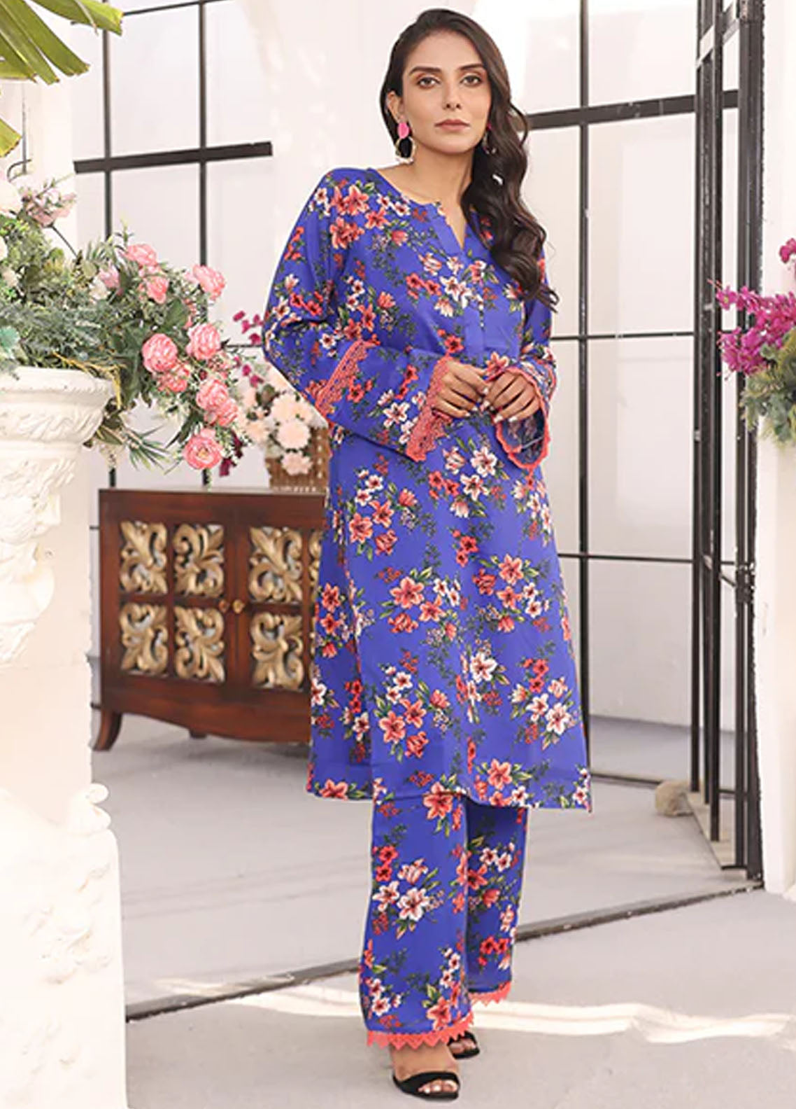 Nazmina Pret Printed Boski 2 Piece Suit Kp-317 Deep blue fire