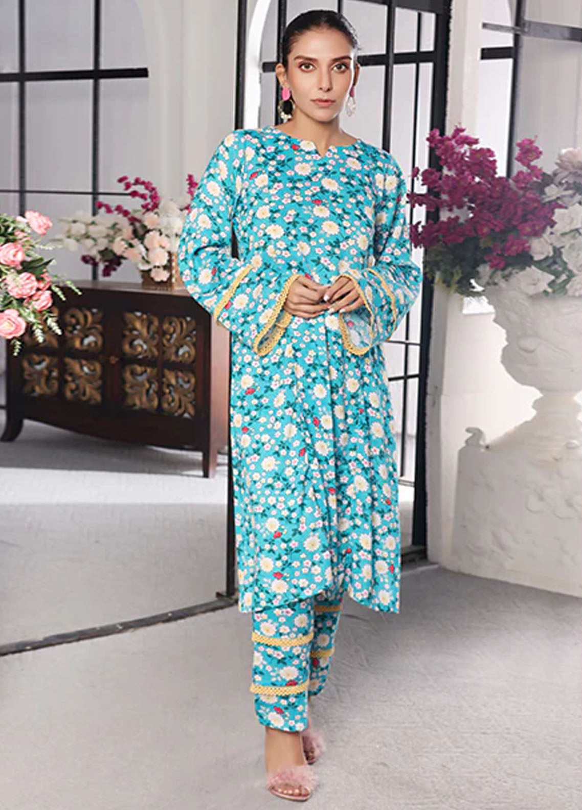 Nazmina Pret Printed Boski 2 Piece Suit Kp-323 Sky stars