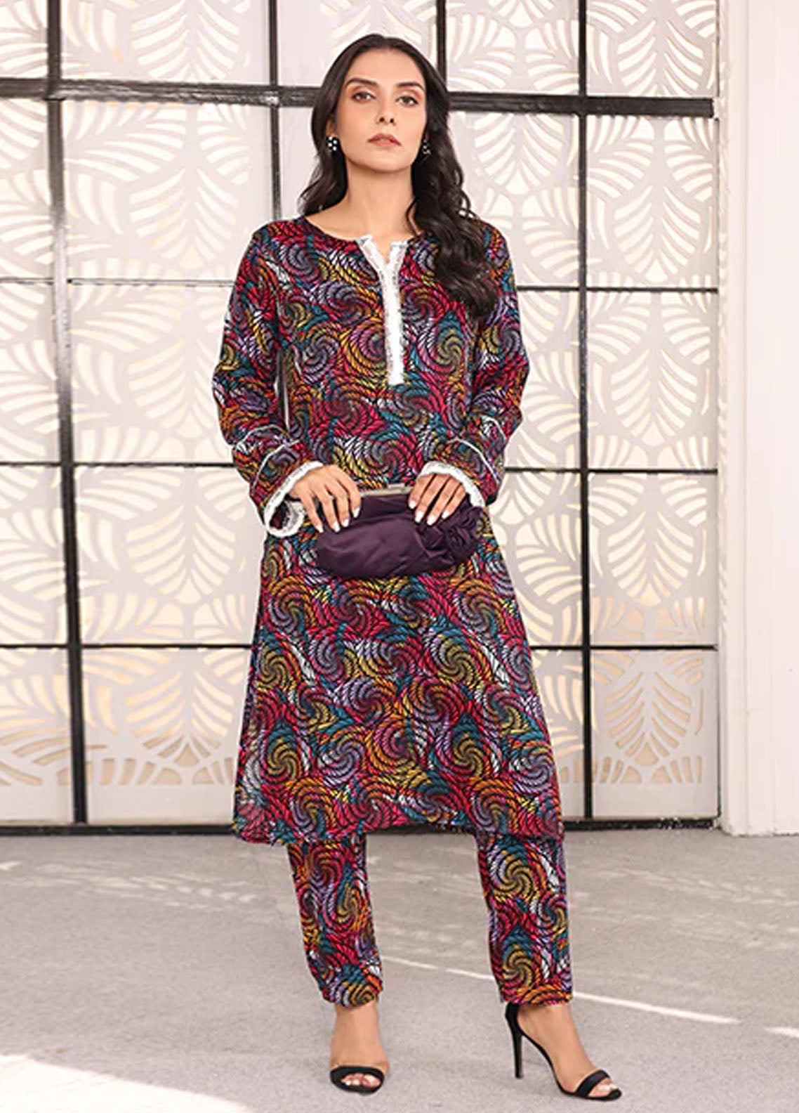 Nazmina Pret Printed Boski 2 Piece Suit Kp-324 Spiral rainbow