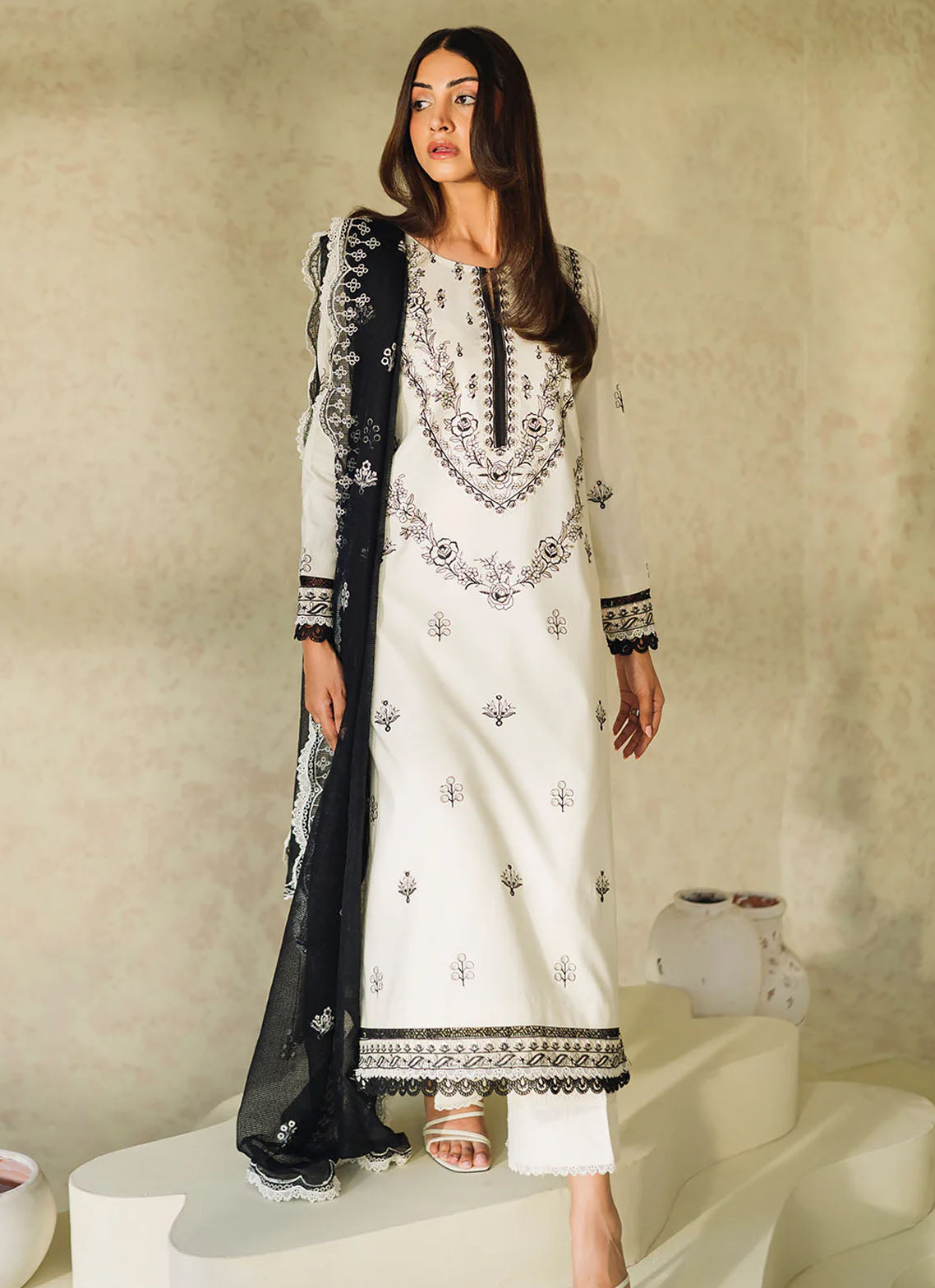 Neeshay Monochrome Unstitched Lawn Collection 2024 Ivory